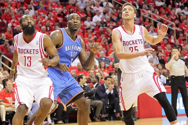 HOUSTON - APRIL 29: James Harden #13 of the Houston Rockets, Kendrick Perkins #5 of the Oklahoma City Thunder and Chandler Parsons #25 of the Houston Rockets look for a rebound on a free throw attempt during Game Four of the Western Conference Quarterfinals of the 2013 NBA Playoffs at the Toyota Center on April 29, 2013 in Houston, Texas. NOTE TO USER: User expressly acknowledges and agrees that, by downloading and or using this photograph, User is consenting to the terms and conditions of the Getty Images License Agreement. (Photo by Bob Levey/Getty Images)