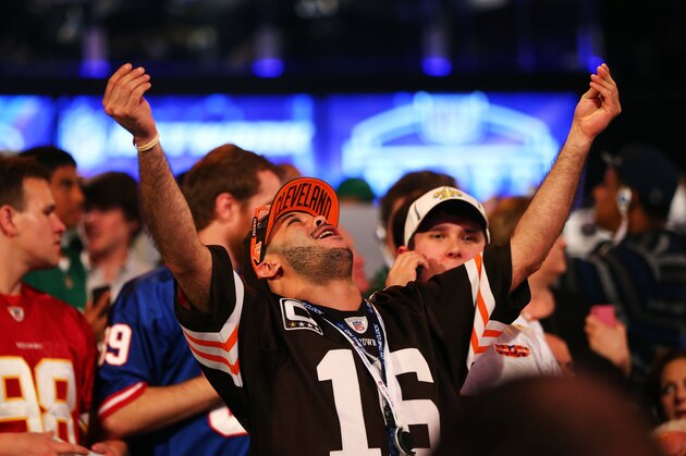 NEW YORK, NY - MAY 08:  A fan reacts as Johnny Manziel of the Texas A&M Aggies is picked #22 overall by the Cleveland Browns during the first round of the 2014 NFL Draft at Radio City Music Hall on May 8, 2014 in New York City.  (Photo by Elsa/Getty Images)