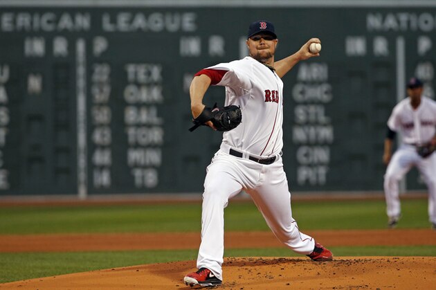 Boston Red Sox starting pitcher Jon Lester delivers to the New York Yankees during the first inning of a baseball game at Fenway Park in Boston, Tuesday, April 22, 2014. (AP Photo/Elise Amendola)