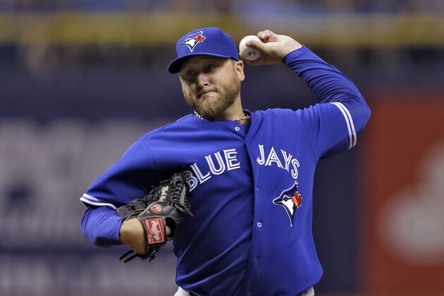 Toronto Blue Jays starting pitcher Mark Buehrle delivers to Tampa Bay Rays' Wil Myers during the first inning of a baseball game Wednesday, April 2, 2014, in St. Petersburg, Fla. (AP Photo/Chris O'Meara)