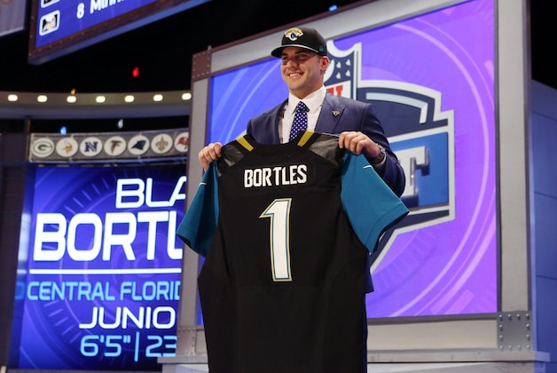 May 8, 2014; New York, NY, USA; Blake Bortles (Central Florida) poses with his jersey after being selected as the number three overall pick in the first round of the 2014 NFL Draft to the Jacksonville Jaguars at Radio City Music Hall. Mandatory Credit: Adam Hunger-USA TODAY Sports