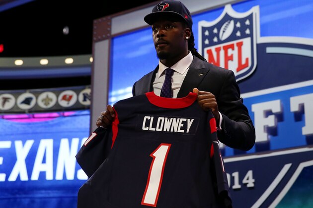 NEW YORK, NY - MAY 08:  Jadeveon Clowney of the South Carolina Gamecocks poses with a jersey after he was picked #1 overall by the Houston Texansduring the first round of the 2014 NFL Draft at Radio City Music Hall on May 8, 2014 in New York City.  (Photo by Elsa/Getty Images)