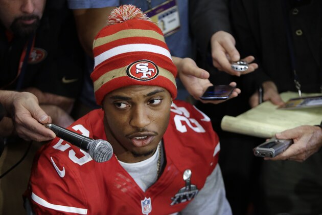 San Francisco 49ers cornerback Chris Culliver answers questions Thursday, Jan. 31, 2013, in New Orleans, regarding anti-gay remarks he made during Super Bowl media day Tuesday. Culliver apologized for the comments he made to a comedian, saying