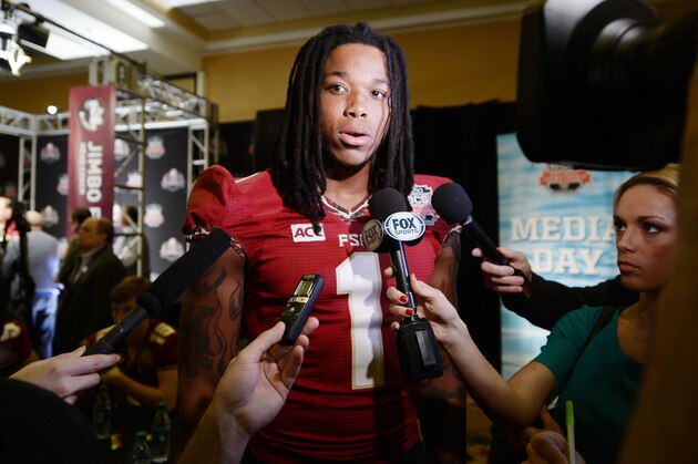 NEWPORT BEACH, CA - JANUARY 4:  Wide receiver Kelvin Benjamin of the Florida State Seminoles speaks during a Vizio BCS National Championship media day news conference January 4, 2014 in Newport Beach, California.  (Photo by Kevork Djansezian/Getty Images)