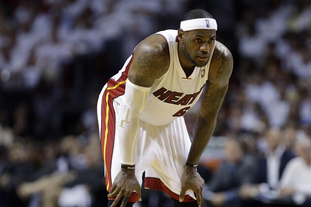 Miami Heat's LeBron James (6) is shown in the first half of Game 1 in an Eastern Conference semifinal basketball gam against the Brooklyn Nets, Tuesday, May 6, 2014, in Miami.  (AP Photo/Lynne Sladky)