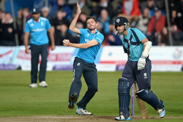 ABERDEEN, SCOTLAND - MAY 09:  Harry Gurney of England bowls during the Royal London One-Day International match between Scotland and England at Mannofield Park on May 9, 2014 in Aberdeen, Scotland.  (Photo by Gareth Copley/Getty Images)