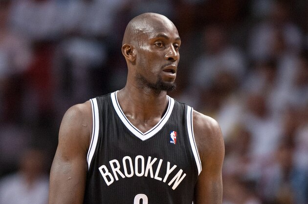 May 6, 2014; Miami, FL, USA; Brooklyn Nets center Kevin Garnett (2) reacts during the first half in game one of the second round of the 2014 NBA Playoffs against the Miami Heat at American Airlines Arena. Mandatory Credit: Steve Mitchell-USA TODAY Sports
