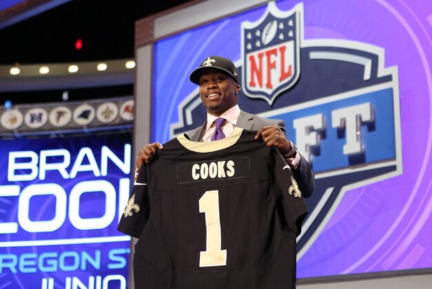 May 8, 2014; New York, NY, USA; Brandin Cooks (Oregon State) poses for photos after being selected as the number twenty overall pick in the first round of the 2014 NFL Draft to the New Orleans Saints at Radio City Music Hall. Mandatory Credit: Adam Hunger-USA TODAY Sports