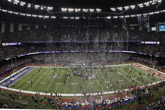 FILE - In this Feb. 3, 2013, file photo, Streamers and confetti fall after the Baltimore Ravens won the NFL Super Bowl XLVII football game 34-31 over the San Francisco 49ers in New Orleans. When a record New Orleans Bowl crowd of well over 50,000 files into the Superdome on Saturday night, Dec. 21, it will mark the latest success of an institution created a quarter century ago with the hope of making the Big Easy a premier sports tourism destination. The Greater New Orleans Sports Foundation this week is celebrating 25 years in the business of luring multi-million-dollar events to south Louisiana. (AP Photo/Charlie Riedel, File)