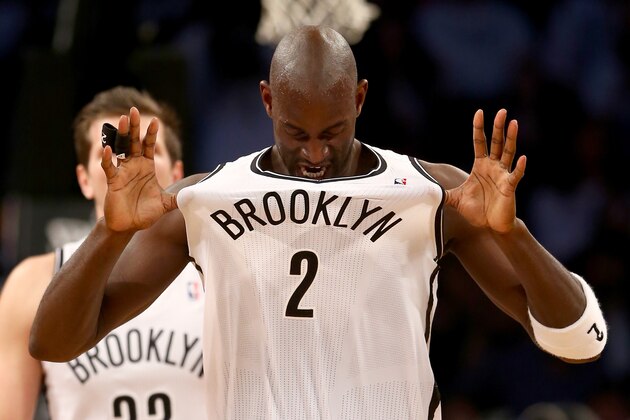 NEW YORK, NY - MAY 02:  Kevin Garnett #2 of the Brooklyn Nets celebrates in the second half against the Toronto Raptors in Game Six of the Eastern Conference Quarterfinals during the 2014 NBA Playoffs at the Barclays Center on May 2, 2014 in the Brooklyn borough of New York City. NOTE TO USER: The Brooklyn Nets defeated the Toronto Raptors 97-83. User expressly acknowledges and agrees that, by downloading and/or using this photograph, user is consenting to the terms and conditions of the Getty Images License Agreement.  (Photo by Elsa/Getty Images)