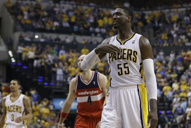 Indiana Pacers' Roy Hibbert in action during the second half of game 2 of the Eastern Conference semifinal NBA basketball playoff series against the Washington Wizards Wednesday, May 7, 2014, in Indianapolis. Indiana defeated Washington 86-82. (AP Photo/Darron Cummings)