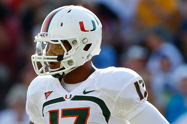 CHESTNUT HILL, MA - SEPTEMBER 01:  Stephen Morris #17 of the Miami Hurricanes in action against the Boston College Eagles during the game on September 1, 2012 at Alumni Stadium in Chestnut Hill, Massachusetts.  (Photo by Jared Wickerham/Getty Images)