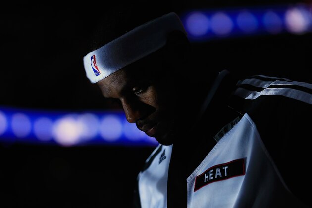 MIAMI, FL - MAY 08:  LeBron James #6 of the Miami Heat looks on during the pre-game ceremony prior to Game Two of the Eastern Conference Semifinals of the 2014 NBA Playoffs against the Brooklyn Nets at American Airlines Arena on May 8, 2014 in Miami, Florida. NOTE TO USER: User expressly acknowledges and agrees that, by downloading and or using this photograph, User is consenting to the terms and conditions of the Getty Images License Agreement.  (Photo by Chris Trotman/Getty Images)