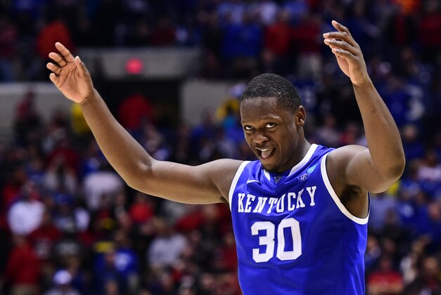 Mar 28, 2014; Indianapolis, IN, USA; Kentucky Wildcats forward Julius Randle (30) gestures to the crowd with 2.3 seconds left in the second half in the semifinals of the midwest regional of the 2014 NCAA Mens Basketball Championship tournament against the Louisville Cardinals at Lucas Oil Stadium. Mandatory Credit: Bob Donnan-USA TODAY Sports