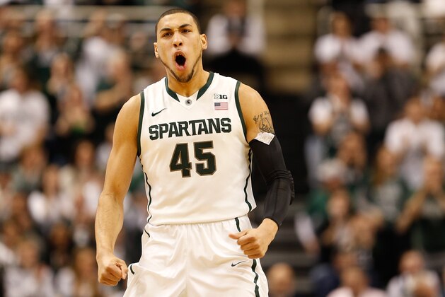 EAST LANSING, MI - FEBRUARY 06:  Denzel Valentine #45 of the Michigan State Spartans reacts during the first half while playing the Iowa Hawkeyes at the Jack T. Breslin Student Events Center on February 6, 2014 in East Lansing, Michigan. (Photo by Gregory Shamus/Getty Images)
