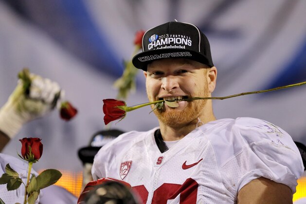 Stanford linebacker Trent Murphy celebrates after the NCAA Pac-12 Championship football game against Arizona State, Saturday, Dec. 7, 2013, in Tempe, Ariz. Stanford won 38-14.(AP Photo/Matt York)