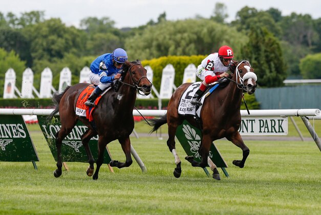 Jun 8, 2013; Elmont, NY, USA;   Stephanie's Kitten ridden by John Velazquez leads Better Lucky ridden by Joel Rosario in the final stretch to win the Longines Just A Game during the 145th running of the Belmont Stakes at Belmont Park.  Mandatory Credit: Anthony Gruppuso-USA TODAY Sports