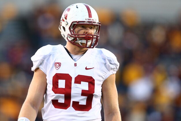 Dec 7, 2013; Tempe, AZ, USA; Stanford Cardinal linebacker Trent Murphy (93) against the Arizona State Sun Devils at Sun Devil Stadium. Stanford defeated Arizona State 38-14. Mandatory Credit: Mark J. Rebilas-USA TODAY Sports