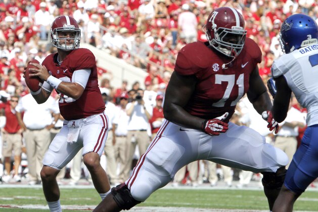 Alabama quarterback AJ McCarron (10) get set to throw a touchdown pass as offensive lineman Cyrus Kouandjio (71) blocks against Georgia State during the first half of an NCAA college football game on Saturday, Oct. 5, 2013, in Tuscaloosa, Ala. (AP Photo/Butch Dill)