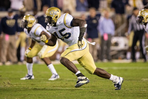 Nov 2, 2013; Atlanta, GA, USA; Georgia Tech Yellow Jackets defensive end Jeremiah Attaochu (45) in action against the Pittsburgh Panthers during the third quarter at Bobby Dodd Stadium. Mandatory Credit: Kevin Liles-USA TODAY Sports