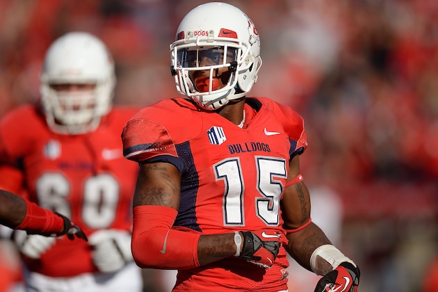 FRESNO, CA - NOVEMBER 23:  Davante Adams #15 of the Fresno State Bulldogs celebrates after Adams scored on a forty four yard pass play against the New Mexico Lobos during the second quarter at Bulldog Stadium on November 23, 2013 in Fresno, California.  (Photo by Thearon W. Henderson/Getty Images)