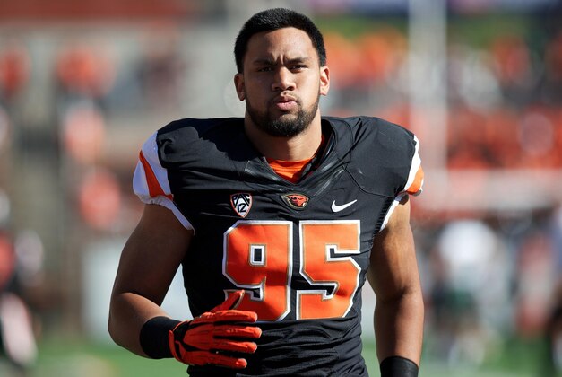 Sep 7, 2013; Corvallis, OR, USA; Oregon State Beavers defensive end Scott Crichton (95) before the game against the Hawaii Warriors at Reser Stadium. Mandatory Credit: Scott Olmos-USA TODAY Sports
