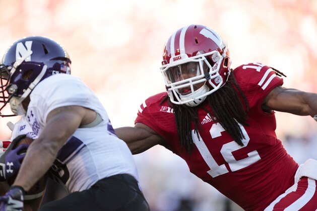 Wisconsin safety Dezmen Southward during the second half of an NCAA college football game against Northwestern in Madison, Wis., Saturday, Oct. 12, 2013. Wisconsin upset Northwestern 35-6. (AP Photo/Andy Manis)