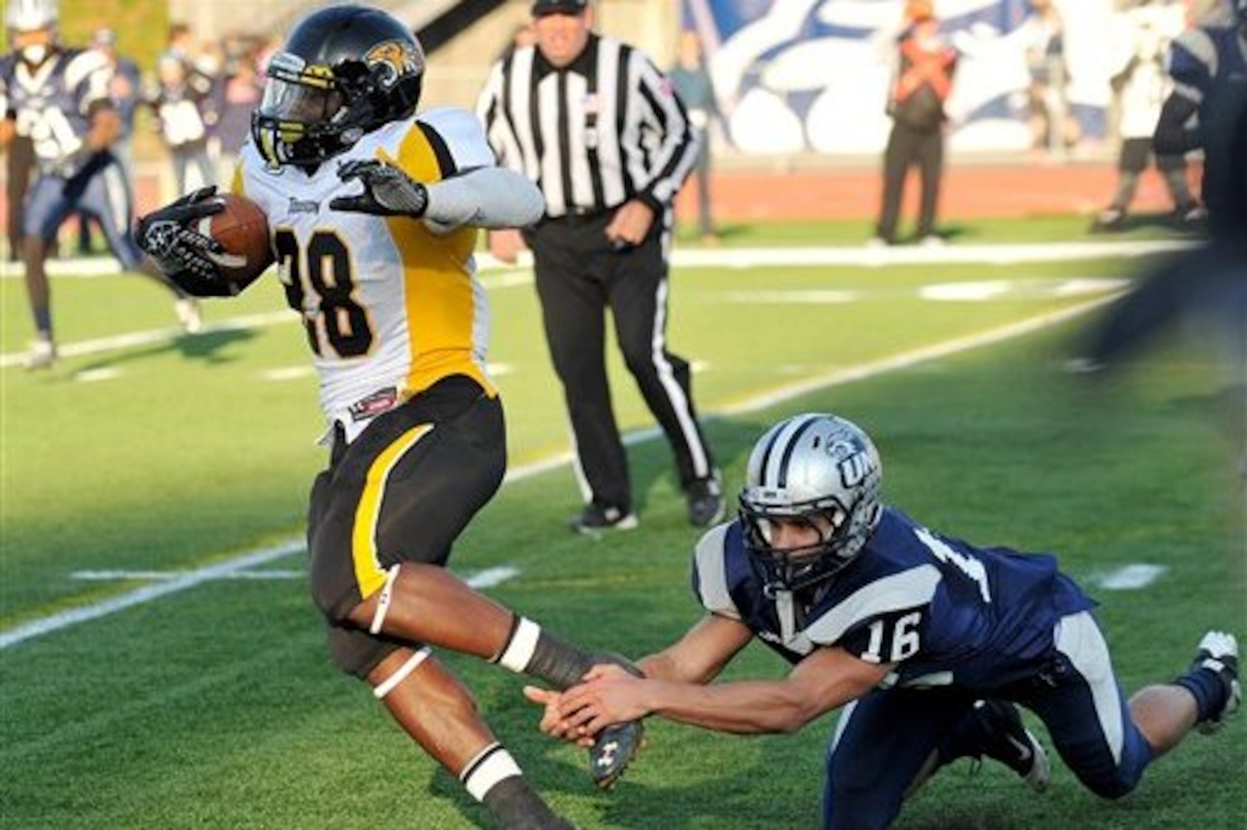 Towson running back Terrance West (28) gets through New Hampshire safety Nick Cefalo (16) for a first down during the fourth quarter of an NCAA college football game at Cowell Stadium in Durham, N.H., Saturday, Nov.17, 2012.  (AP Photo/Josh Gibney)