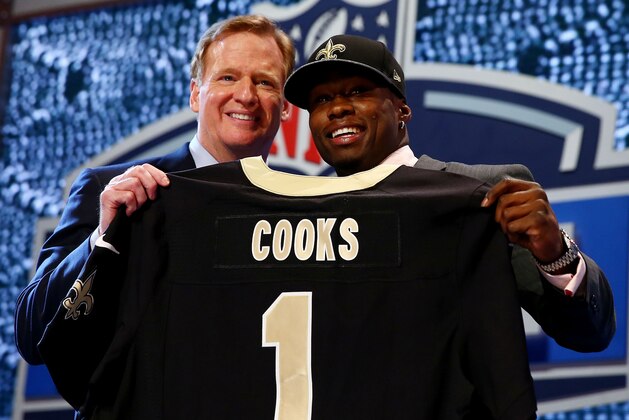 NEW YORK, NY - MAY 08:  Brandin Cooks of the Oregon State Beavers poses with NFL Commissioner Roger Goodell after he was picked #20 overall by the New Orleans Saints during the first round of the 2014 NFL Draft at Radio City Music Hall on May 8, 2014 in New York City.  (Photo by Elsa/Getty Images)