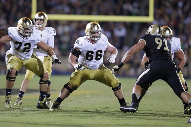Notre Dame guards Chris Watt (66) and Nick Martin drop back to block against Purdue during the second half of an NCAA college football game in West Lafayette, Ind., Saturday, Sept. 14, 2013. (AP Photo/Michael Conroy)