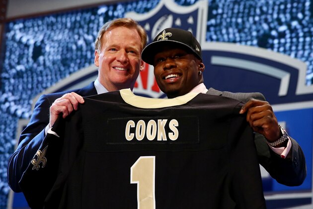 NEW YORK, NY - MAY 08:  Brandin Cooks of the Oregon State Beavers poses with NFL Commissioner Roger Goodell after he was picked #20 overall by the New Orleans Saints during the first round of the 2014 NFL Draft at Radio City Music Hall on May 8, 2014 in New York City.  (Photo by Elsa/Getty Images)