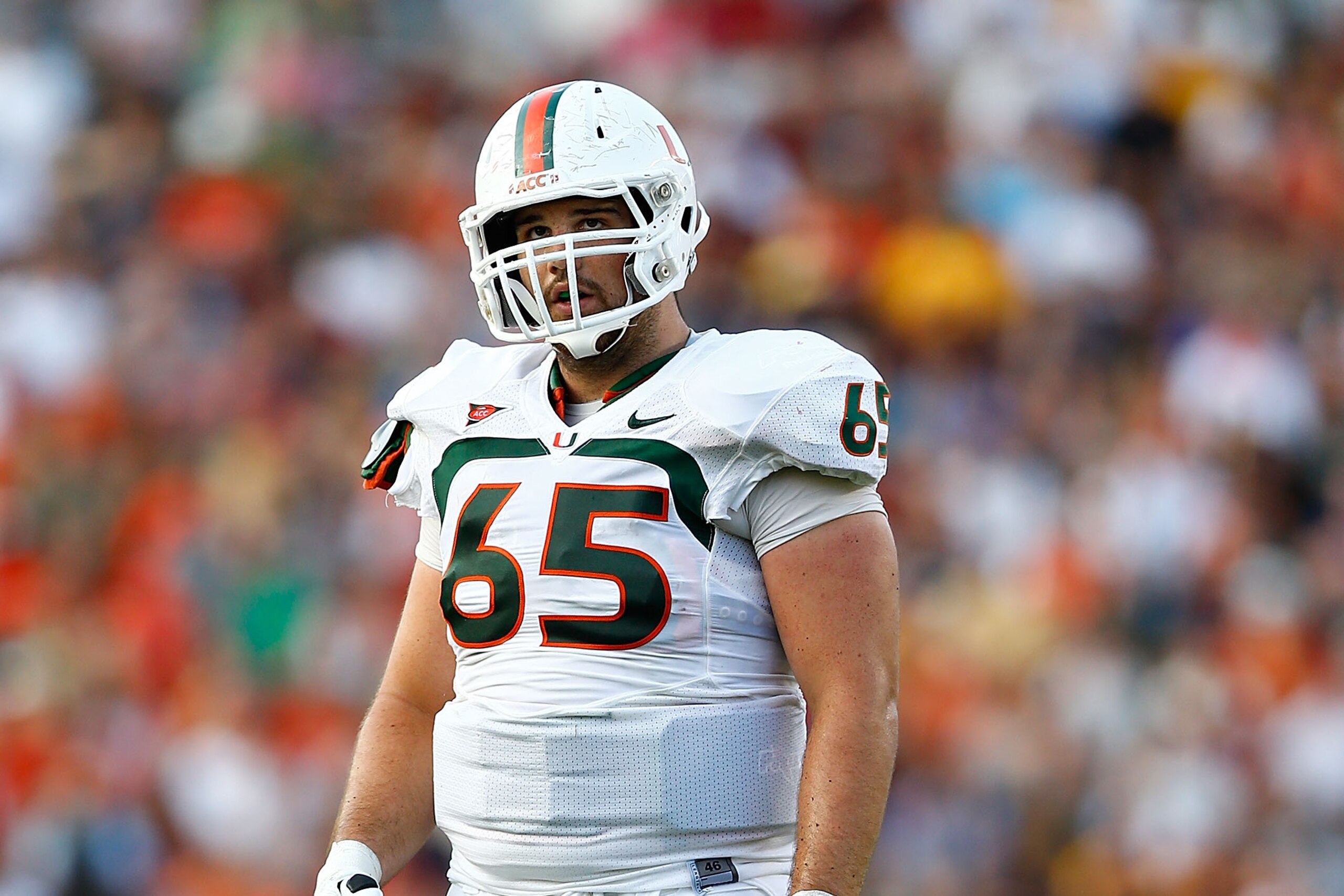 CHESTNUT HILL, MA - SEPTEMBER 01:  Brandon Linder #65 of the Miami Hurricanes in action against the Boston College Eagles during the game on September 1, 2012 at Alumni Stadium in Chestnut Hill, Massachusetts.  (Photo by Jared Wickerham/Getty Images)