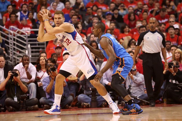 LOS ANGELES, CA - MAY 09:  Blake Griffin #32 of the Los Angeles Clippers controls the ball against Serge Ibaka #9 of the Oklahoma City Thunder in Game Three of the Western Conference Semifinals during the 2014 NBA Playoffs at Staples Center on May 9, 2014 in Los Angeles, California.   NOTE TO USER: User expressly acknowledges and agrees that, by downloading and or using this photograph, User is consenting to the terms and conditions of the Getty Images License Agreement.  (Photo by Stephen Dunn/Getty Images)