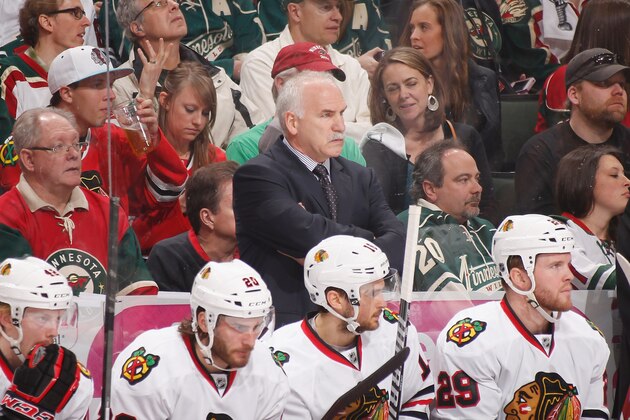 ST. PAUL, MN - MAY 6: Chicago Blackhawks Head Coach Joel Quenneville watches from behind the bench against the Minnesota Wild during Game Three of the Second Round of the 2014 Stanley Cup Playoffs on May 6, 2014 at the Xcel Energy Center in St. Paul, Minnesota. (Photo by Bruce Kluckhohn/NHLI via Getty Images)