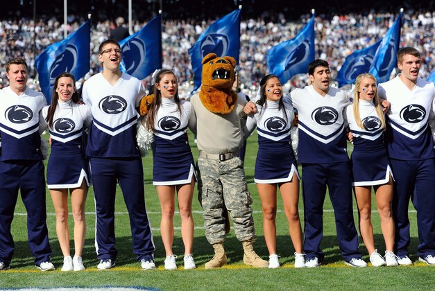 Nov 16, 2013; University Park, PA, USA; The Penn State Nittany Lions cheerleaders and mascot perform prior to the game against the Purdue Boilermakers at Beaver Stadium.  Penn State defeated Purdue  45-21.  Mandatory Credit: Rich Barnes-USA TODAY Sports
