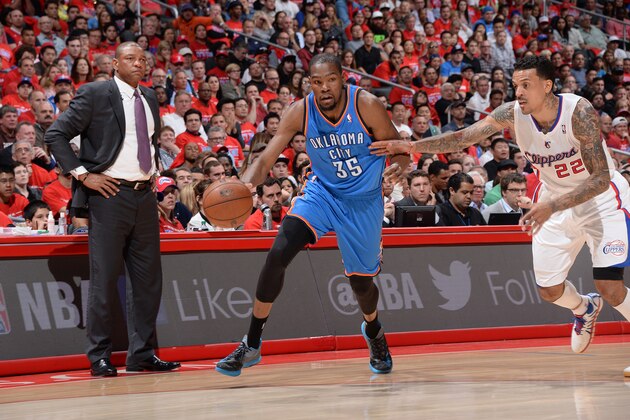 LOS ANGELES, CA - MAY 9: Kevin Durant #35 of the Oklahoma City Thunder drives against the Los Angeles Clippers in Game Three of the Western Conference Semifinals during the 2014 NBA Playoffs at Staples Center on May 9, 2014 in Los Angeles, California. NOTE TO USER: User expressly acknowledges and agrees that, by downloading and/or using this Photograph, user is consenting to the terms and conditions of the Getty Images License Agreement. Mandatory Copyright Notice: Copyright 2014 NBAE (Photo by Andrew D. Bernstein/NBAE via Getty Images)