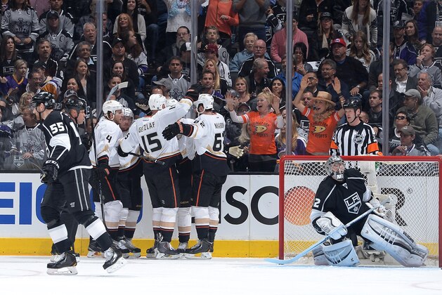 LOS ANGELES, CA - MAY 8:  The Anaheim Ducks celebrate after a goal against the Los Angeles Kings in Game Three of the Second Round of the 2014 Stanley Cup Playoffs at Staples Center on May 8, 2014 in Los Angeles, California. (Photo by Andrew D. Bernstein/NHLI via Getty Images)