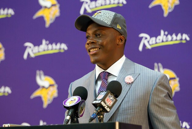May 9, 2014; Eden Prairie, MN, USA; Minnesota Vikings quarterback Teddy Bridgewater addresses the media at Winter Park Fieldhouse. Mandatory Credit: Brad Rempel-USA TODAY Sports May 9, 2014; Eden Prairie, MN, USA; Minnesota Vikings quarterback Teddy Bridgewater addresses the media at Winter Park Fieldhouse. Mandatory Credit: Brad Rempel-USA TODAY Sports