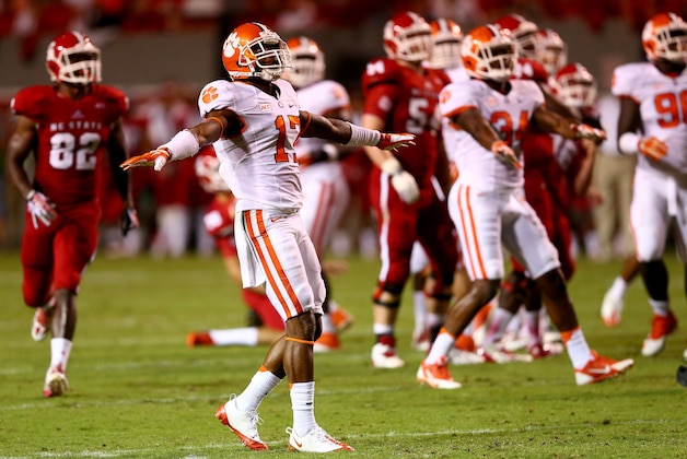 RALEIGH, NC - SEPTEMBER 19:  Bashaud Breeland #17 of the Clemson Tigers celebrates after a missed field goal by the North Carolina State Wolfpack during their game at Carter-Finley Stadium on September 19, 2013 in Raleigh, North Carolina.  (Photo by Streeter Lecka/Getty Images)