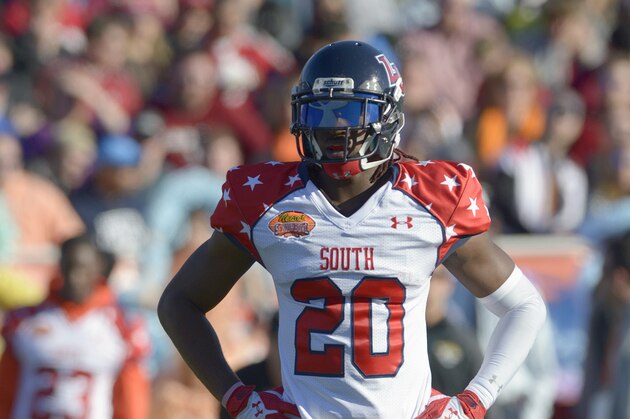 South defensive corner Walt Aikens (20) of Liberty stands at the line of scrimmage during the first quarter of the Senior Bowl NCAA college football game on Saturday, Jan. 25, 2014, in Mobile, Ala.  (AP Photo/G.M. Andrews)