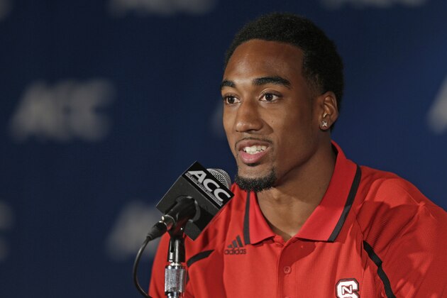 North Carolina State's Dontae Johnson speaks during the Atlantic Coast Conference Media Day in Greensboro, N.C., Sunday, July 21, 2013. (AP Photo/Chuck Burton)