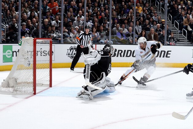 LOS ANGELES, CA - MAY 8:  Teemu Selanne #8 of the Anaheim Ducks shoots and scores a goal against Jonathan Quick #32 of the Los Angeles Kings in Game Three of the Second Round of the 2014 Stanley Cup Playoffs at Staples Center on May 8, 2014 in Los Angeles, California. (Photo by Andrew D. Bernstein/NHLI via Getty Images)