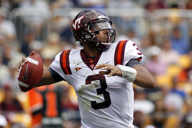 PITTSBURGH, PA - SEPTEMBER 15:  Logan Thomas #3 of the Virginia Tech Hokies drops back to pass against the Pittsburgh Panthers during the game on September 15, 2012 at Heinz Field in Pittsburgh, Pennsylvania.  (Photo by Justin K. Aller/Getty Images)