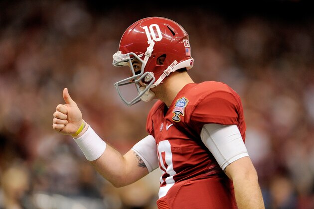 NEW ORLEANS, LA - JANUARY 02:  AJ McCarron #10 of the Alabama Crimson Tide reacts against the Oklahoma Sooners during the Allstate Sugar Bowl at the Mercedes-Benz Superdome on January 2, 2014 in New Orleans, Louisiana.  (Photo by Stacy Revere/Getty Images)