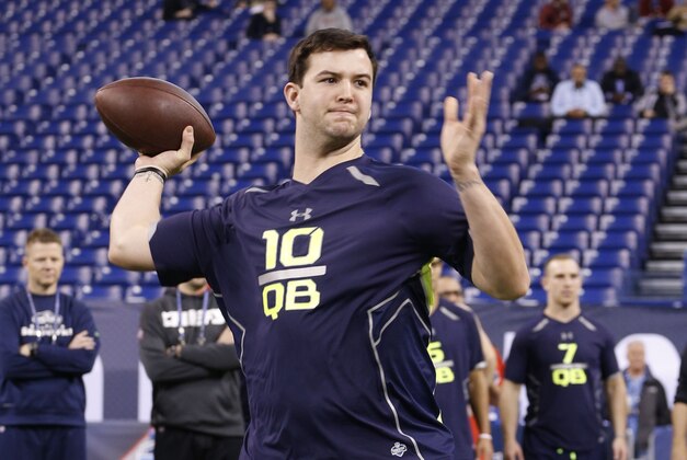 Feb 23, 2014; Indianapolis, IN, USA; Alabama Crimson Tide quarterback A.J. McCarron throws the ball during the 2014 NFL Combine at Lucas Oil Stadium. Mandatory Credit: Brian Spurlock-USA TODAY Sports