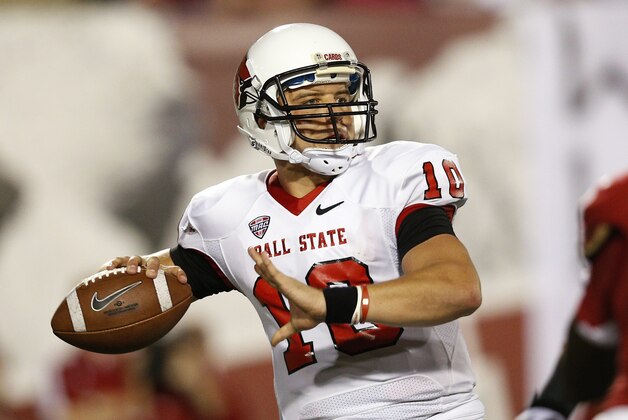 BLOOMINGTON, IN - SEPTEMBER 15: Keith Wenning #10 of the Ball State Cardinals looks to pass the football against the Indiana Hoosiers during the game at Memorial Stadium on September 15, 2012 in Bloomington, Indiana. (Photo by Joe Robbins/Getty Images)