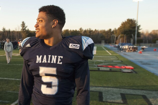 Maine defensive back Kendall James after an NCAA football game in Orono, Maine, Saturday, Nov. 16, 2013. (AP Photo/Michael C. York)