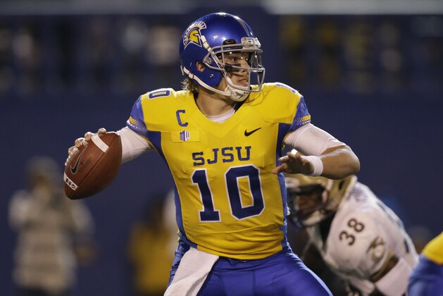 San Jose State quarterback David Fales during an NCAA college football game against Navy on Friday, Nov. 22, 2013, in San Jose, Calif. (AP Photo/Marcio Jose Sanchez)