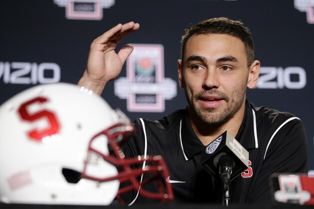 Stanford running back Tyler Gaffney speaks during a news conference on Friday, Dec. 27, 2013, in Los Angeles. Stanford is scheduled to play Michigan State in the Rose Bowl NCAA college football game in Pasadena, Calif., on New Year's Day. (AP Photo/Jae C. Hong)