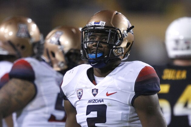 Arizona linebacker Marquis Flowers (2) during the first half of an NCAA football game against Arizona State, Saturday, Nov. 30, 2013, in Tempe, Ariz. (AP Photo/Rick Scuteri)